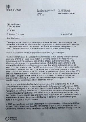 Home Office letter regarding Dubs Scheme